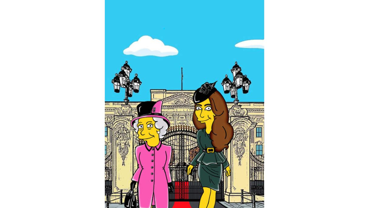 Arriba y la tercera foto, Kate Middleton y la reina Isabel II en su versión Simpson. Debajo, Marge con varios atuendos, como el famoso Chanel rosa que vestía Jackie Kennedy el día del asesinato de su marido en Dallas.A la izquierda, Anna Wintour también s