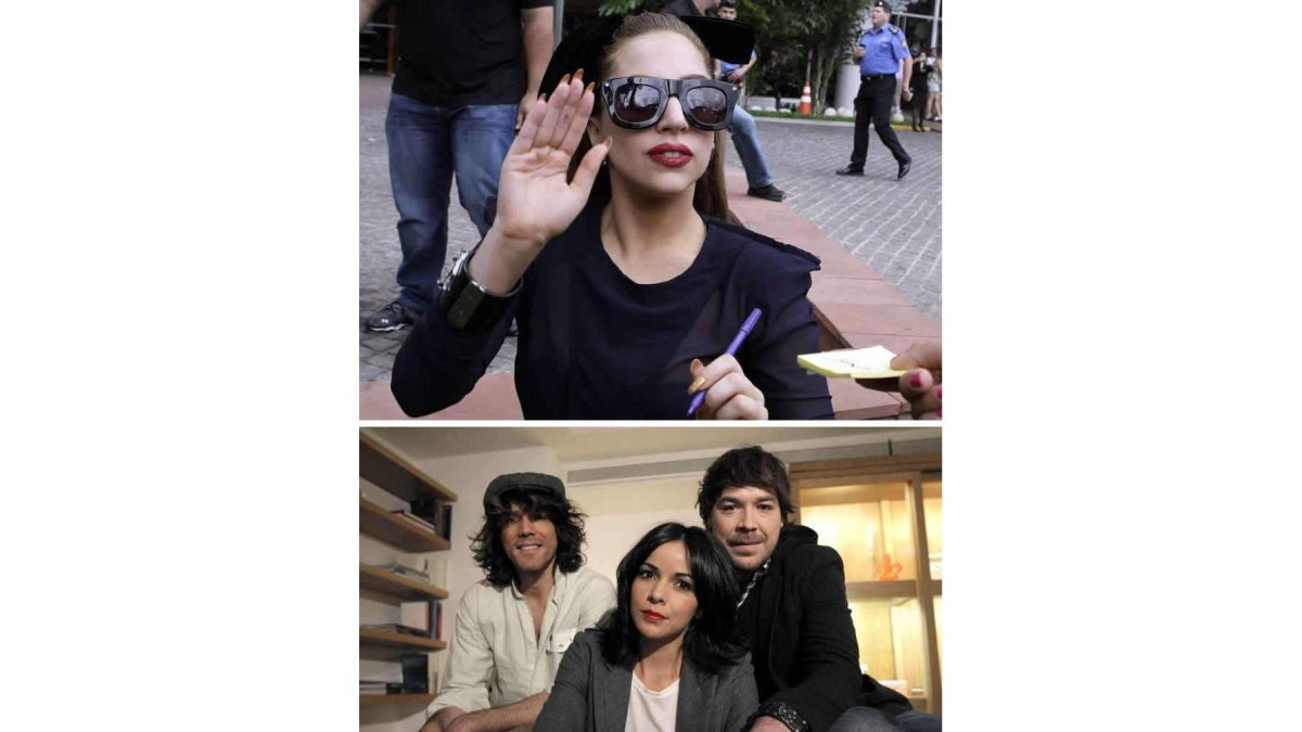 Imagen de Lady Gaga firmando autógrafos y, a la derecha, el grupo español El Sueño de Morfeo, que sacará nuevo disco este año.