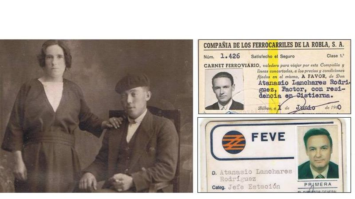 Foto de los bisabuelos Lanchares y carnés de Atanasio en el Ferrocarril de La Robla y en Feve.