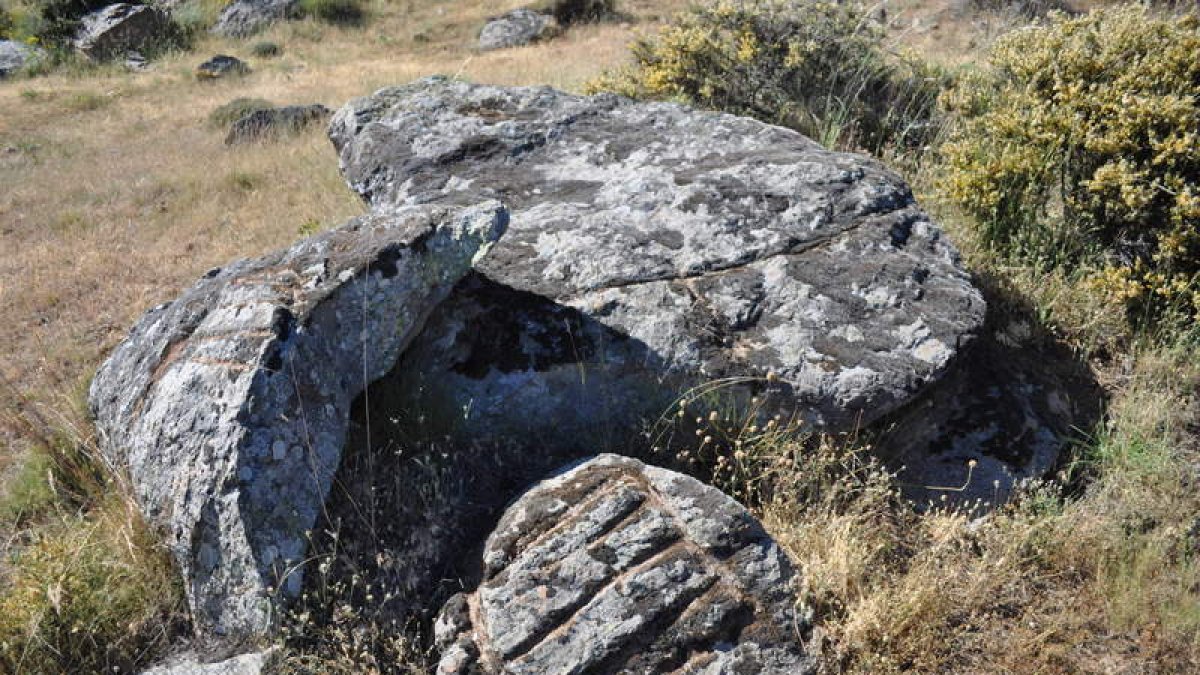Vista del posible ídolo megalítico cabreirés, realizado a base de grandes hendiduras paralelas. La piedra está partida en dos. S.C.