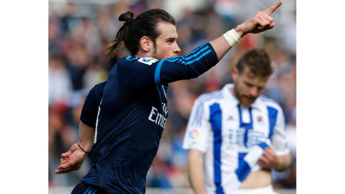 Bale celebra el gol de la victoria del Madrid frente a la Real en Anoeta. JUAN HERRERO