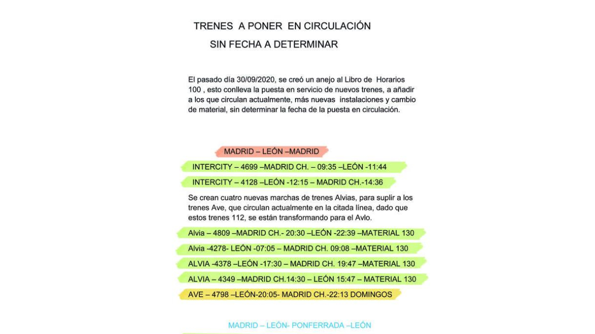 Está escrito en documentos de Renfe —reproducidos sobre estas líneas con total literalidad— lo que su delegado en la autonomía califica como mentira, por «no tener nada que ver con la realidad». Las marchas confeccionadas incluyen cambio de material de Alvia para retirar el del AVE; las conexiones de Avant a Valladolid, los Alvia a Ponferrada y los Alvia a Gijón. DL