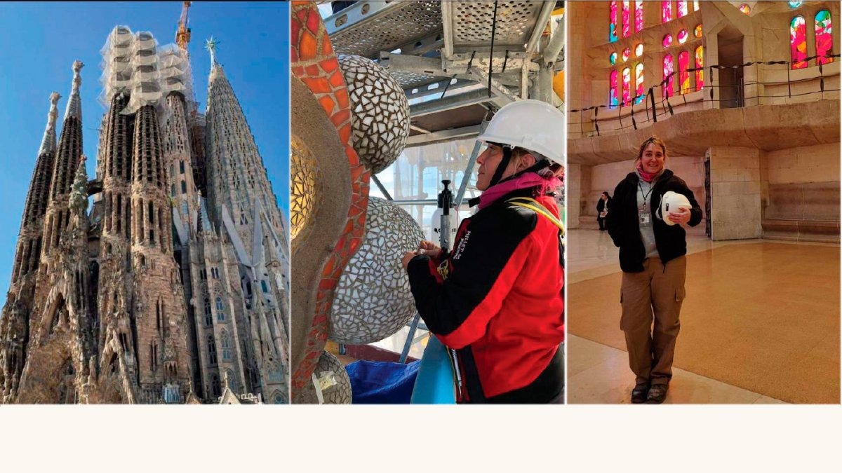 La Sagrada Familia con los ‘andamios’ en los que trabaja la leonesa Elisa Carballo Bayón. A la derecha, la restauradora en el interior del templo de Gaudí. DL
