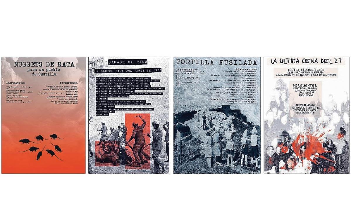 Las obras de Luis Melón ‘Nuggets de rata’, ‘Jarabe de Palo’, ‘Tortilla fusilada’ y ‘La última cena del 27’. DL