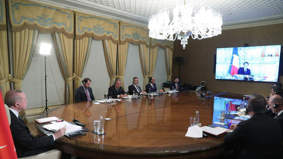 El presidente turco Erdogan durante la teleconferencia que mantuvo ayer.