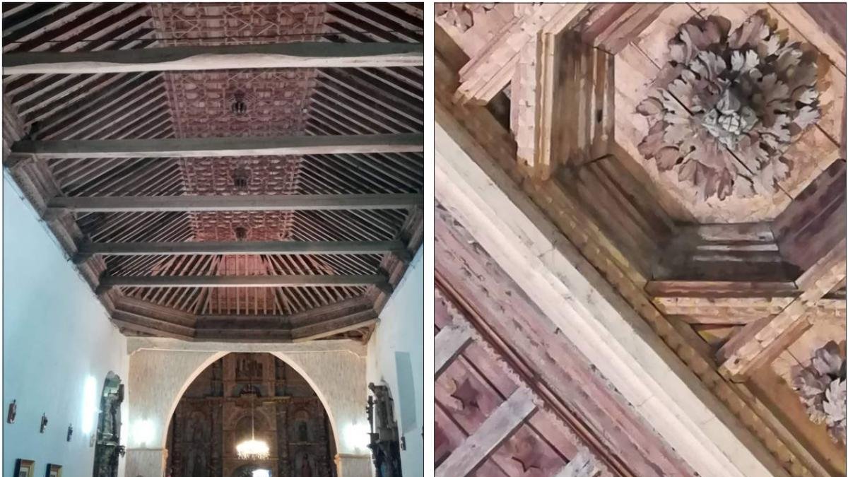 Imágenes del espectacular artesonado mudéjar que Valcabado quiere rescatar. ICAL