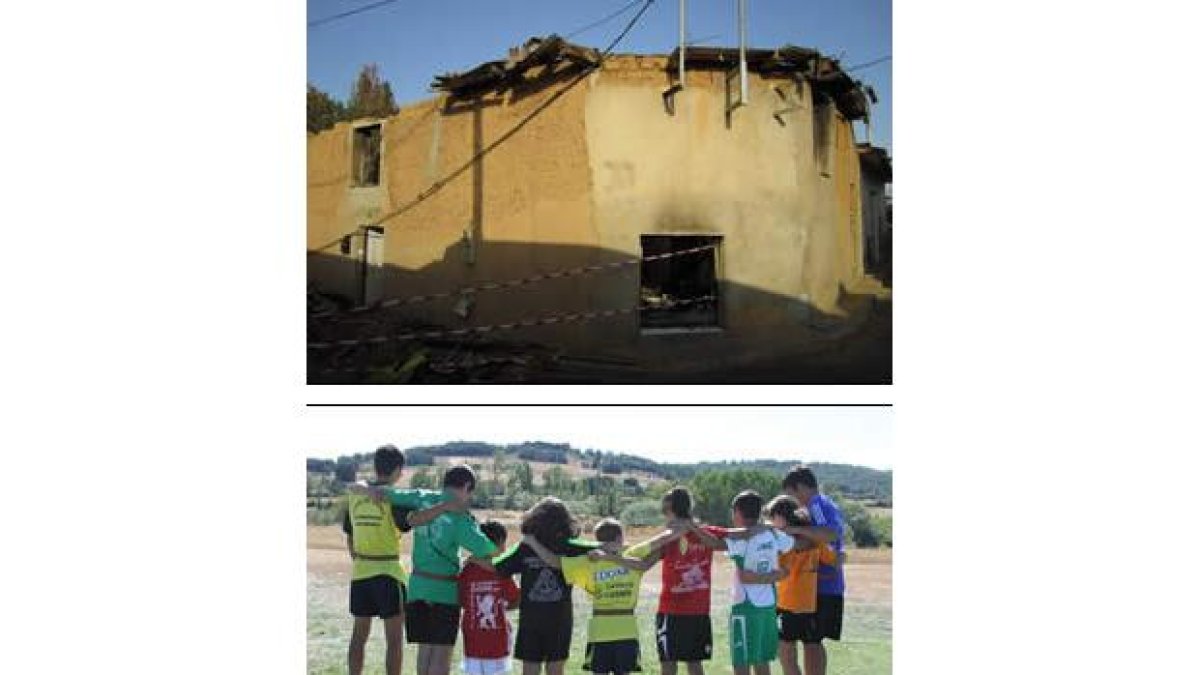 Arriba, la casa quemada. Abajo, jóvenes luchadores.