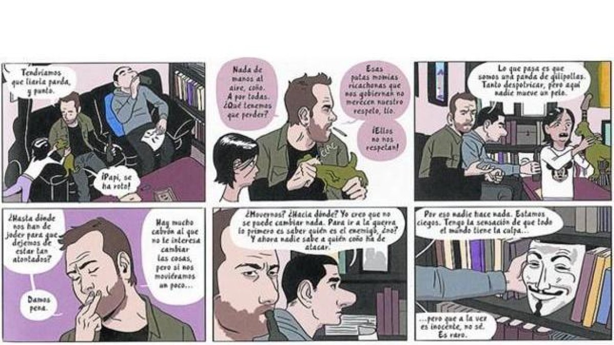 Secuencia de viñetas de 'El mundo a tus pies', donde dos amigos reflexionan sobre la actualidad.