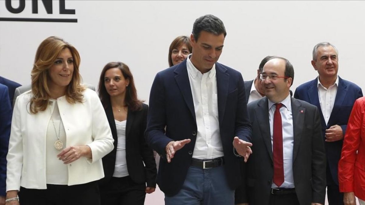 Susana Díaz, Pedro Sánchez y Miquel Iceta, en septiembre del 2015 en Madrid.