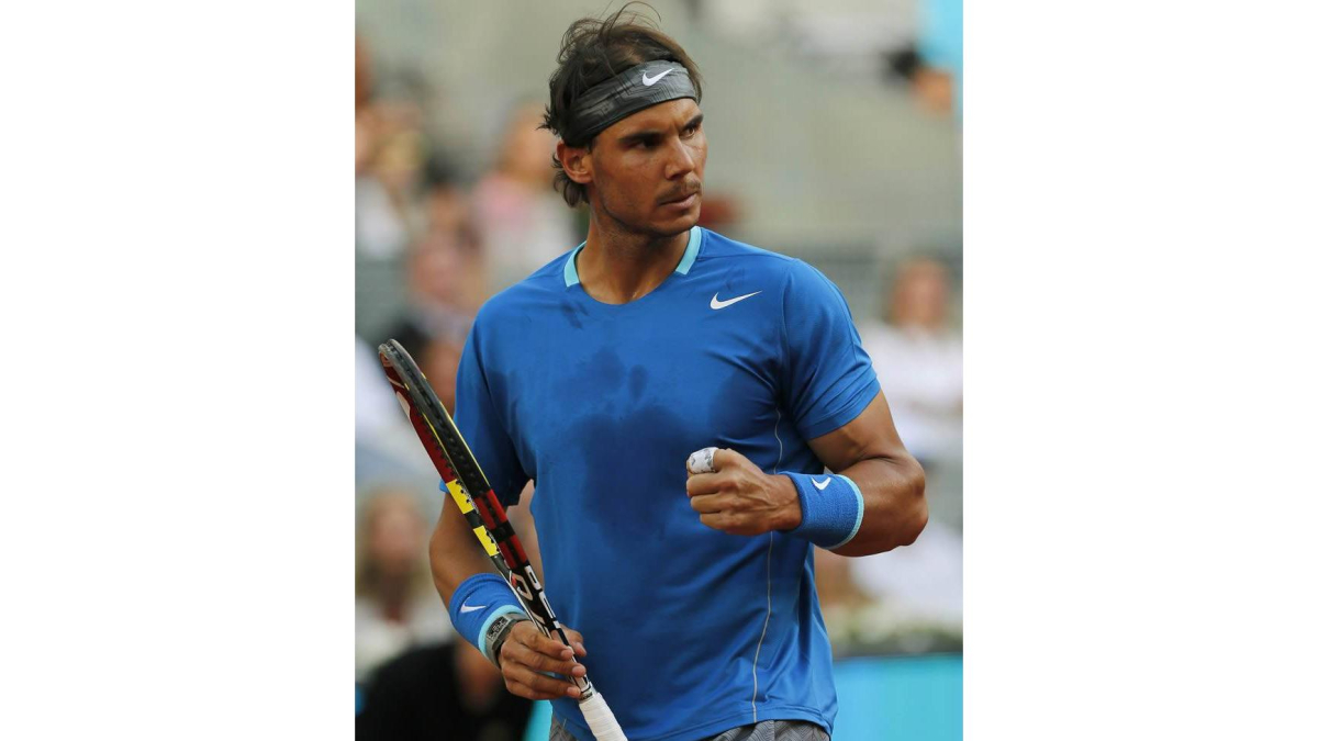 Rafa Nadal celebra un punto durante la final del masters 1000 de Madrid.