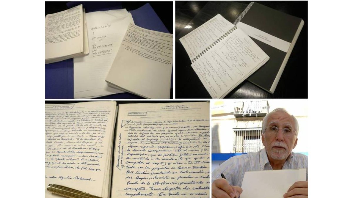 Manuscrito y primera copia de ‘El expediente del náufrago’, original de ‘Fantasmas del invierno’ y cuartillas manuscritas de ‘La fuente de la edad’ con la pluma con la que escribió esta novela Luis Mateo Díez. (Pulse sobre la imagen para ampliar).
