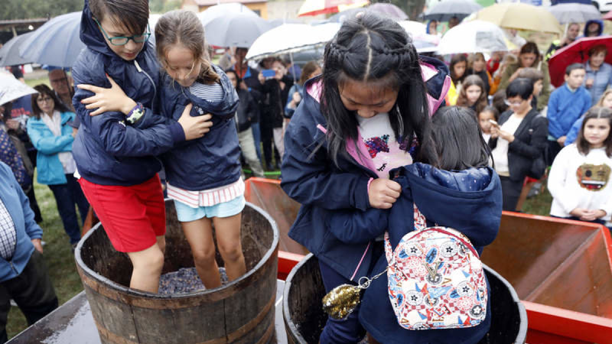 LOs niños disfrutaron bajo la lluvia de la experiencia de pisar la uva y catar el primer mosto de la temporada. MARCIANO PÉREZ