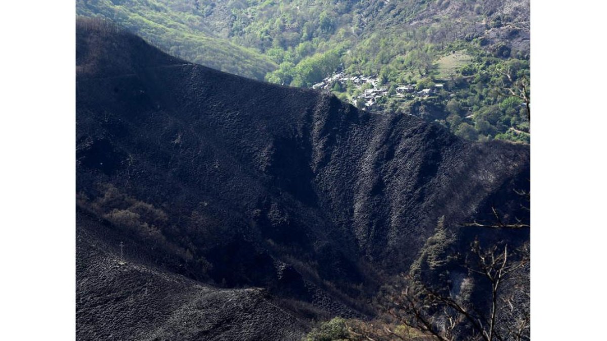 Imagen de una ladera calcinada en la Tebaida, con San Pedro de Montes al otro lado. ANA F. BARREDO