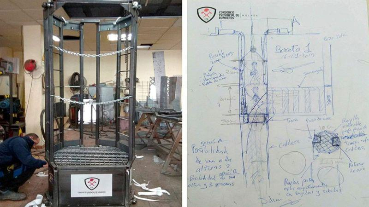 La cápsula para el rescate de Julen, junto a un boceto de la operación.