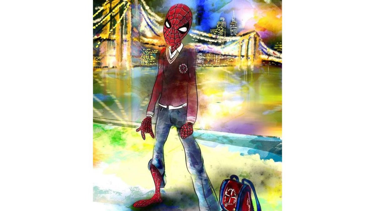 Spiderman ataviado como los alumnos de la Anunciata.