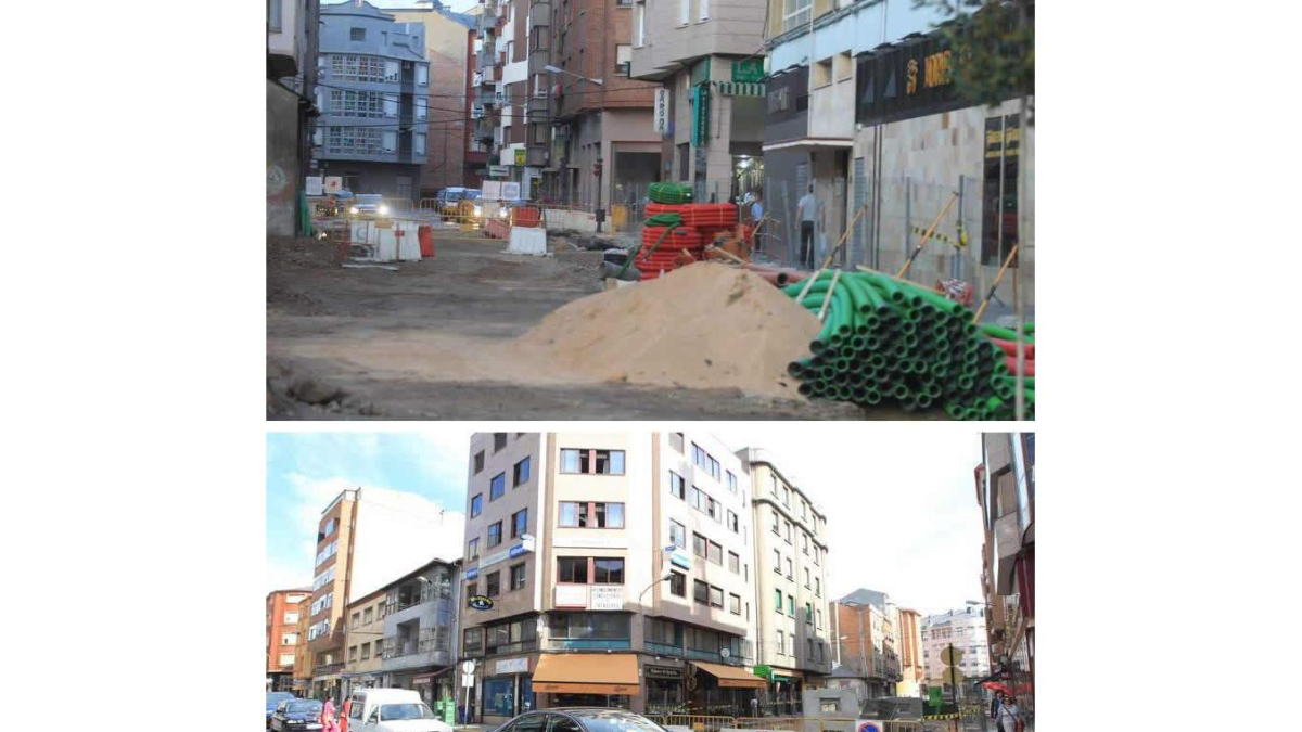 Arriba, las obras abandonadas a la altura del colegio Valentín García Yebra y, debajo, el tráfico en Gómez Núñez, que corta la avenida Valdés.