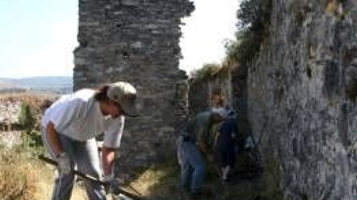 Miembros de Pro Monumenta, limpiando «en facendera» el castillo de Sarracín en Vega de Valcarce