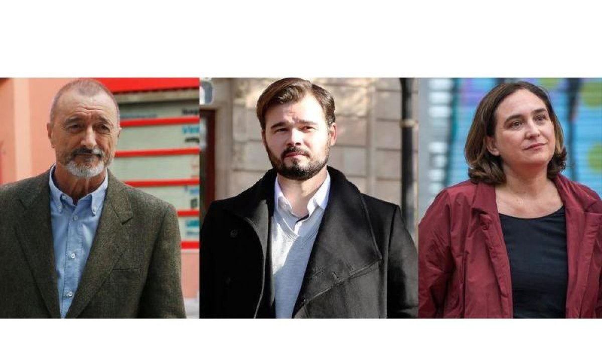 Fotomontaje donde aparecen Arturo Pérez-Reverte, Gabriel Rufián y Ada Colau.