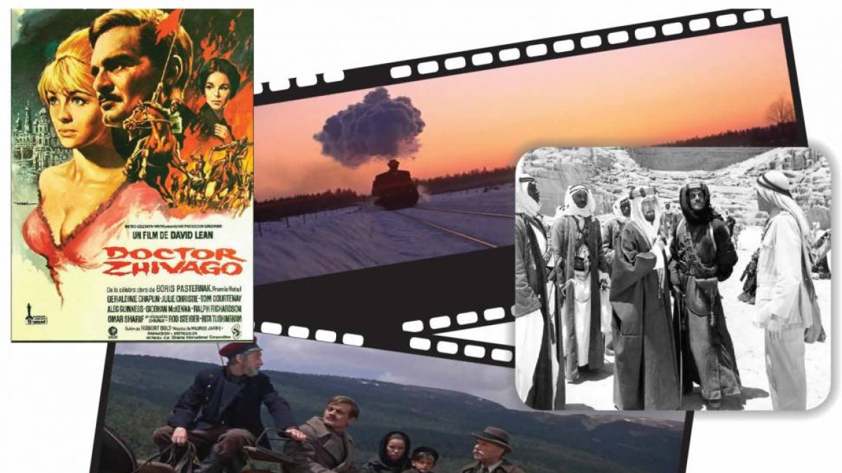 Dos escenas de la famosa película ‘Doctor Zhivago’, rodada en diferentes zonas de España, especialmente en las Tierras Altas de Soria. Cartel de la película y fotograma de ‘Lawrence de Arabia’.