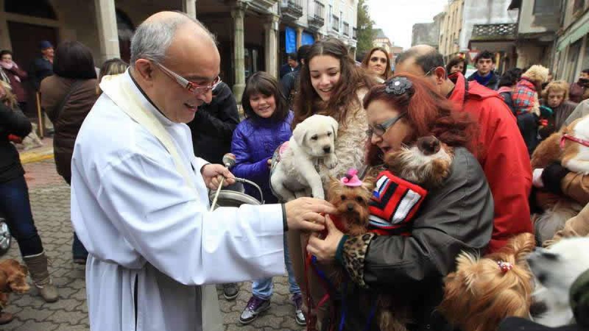 El párroco Jesús Álvarez bendijo a las mascotas en el centro de Cacabelos.