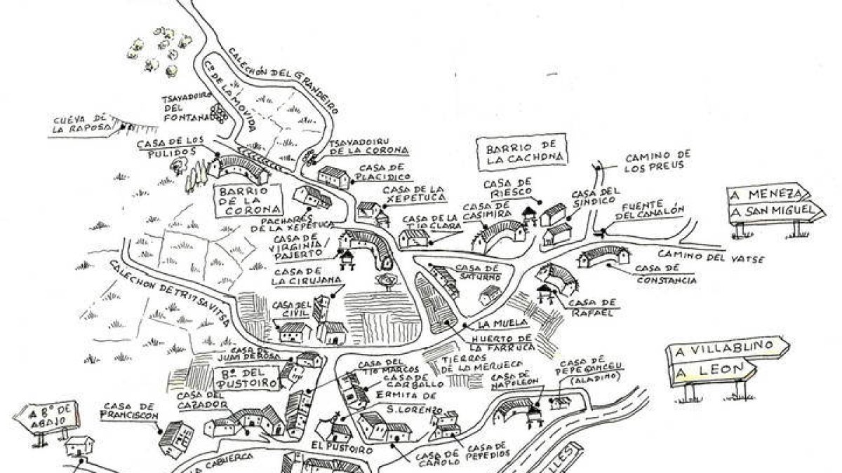 Imagen de un mapa con la toponimia de Villager de Laciana. CLUB XEITU