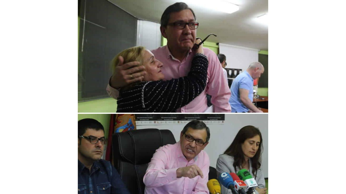 Arriba, Canedo acompañado de su mujer, en el momento de anunciar su dimisión. Abajo, tras reconsiderar su decisión, Adolfo Canedo se retracta y anuncia su intención de emprender acciones legales.