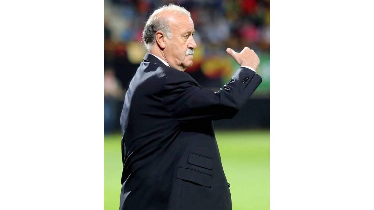 Vicente del Bosque dirigendo a la selección durante un lance del partido.