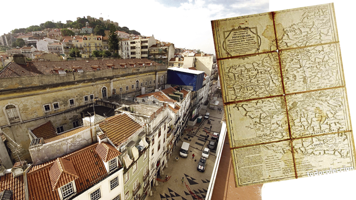 Sobre estas
líneas, el mapa del Vierzo,
con uve, que se ofrece en
la librería portuguesa,
puesto a la venta en
España en el portal
Todocolección. DL