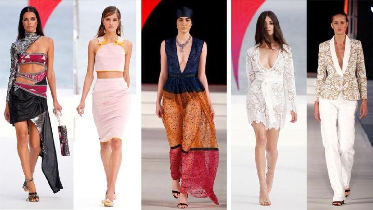 Modelos de Custo Barcelona, The 2nd Skin Co., Alvarno, Melissa Odabash y Javier Vázquez, en el Mercedes Benz Fashion Madrid, celebrado en Ibiza.