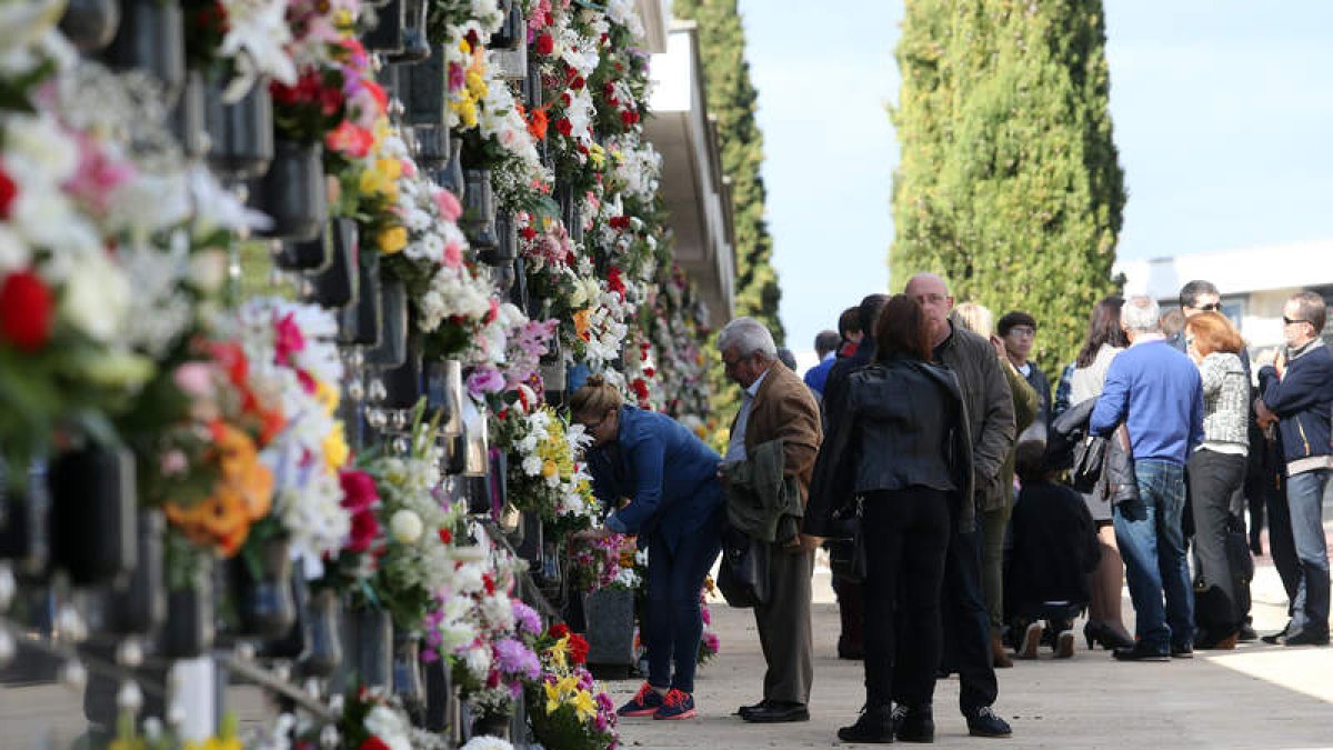 Un grupo de persona coloca flores en los jarrones de los nichos del cementerio.