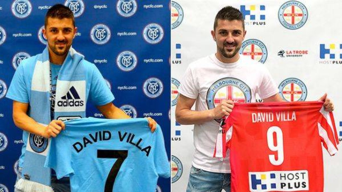 David Villa, con las camisetas del New York City (izquierda) y el Melbourne City.