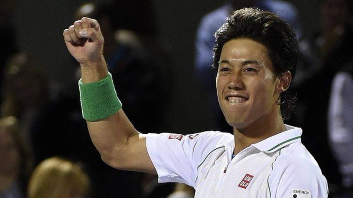 Nishikori celebra el triunfo sobre Federer en los cuartos de final de Miami.