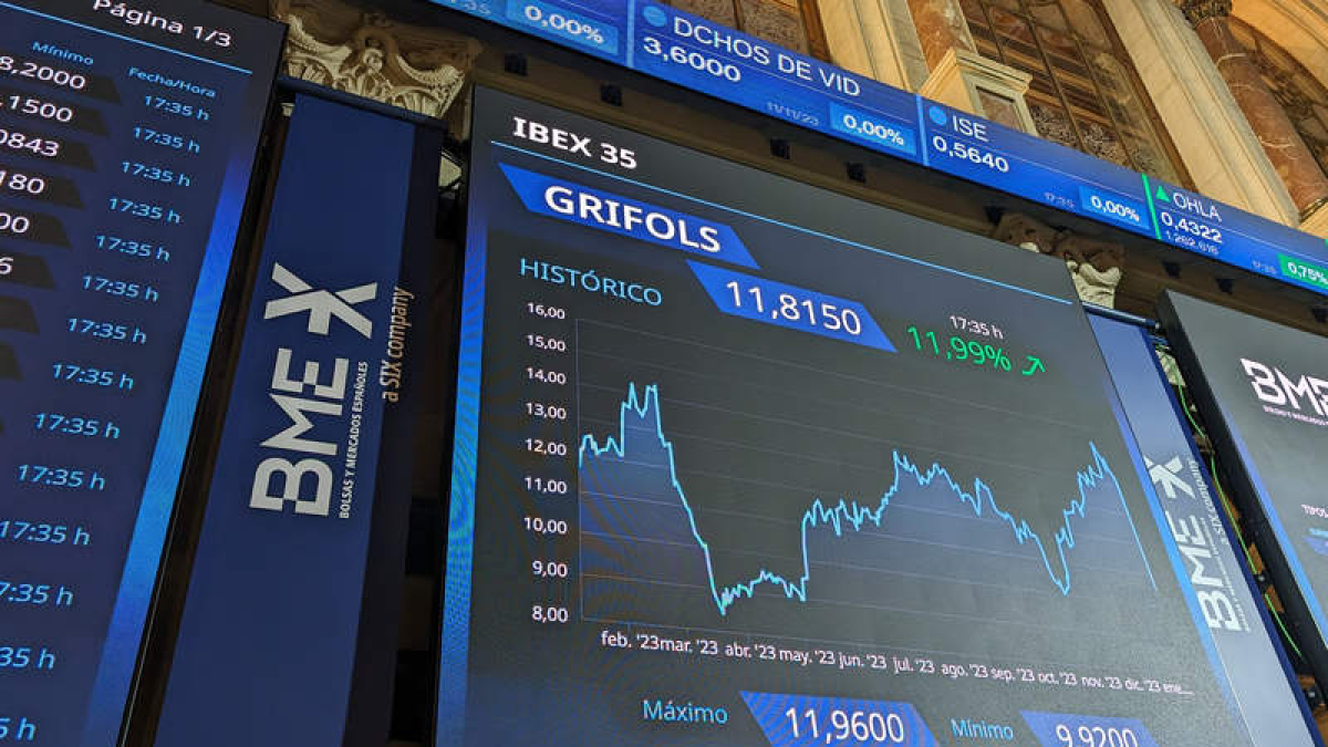 Imagen de la Bolsa de Madrid con la pantalla de Griffols. VEGA ALONSO
