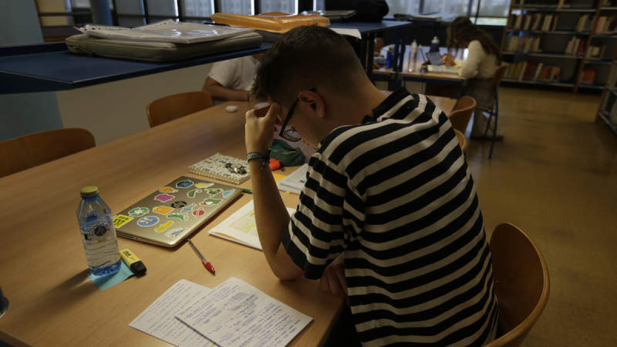 Dos alumnos estudian en una de las bibliotecas de la Universidad de León. FERNANDO OTERO