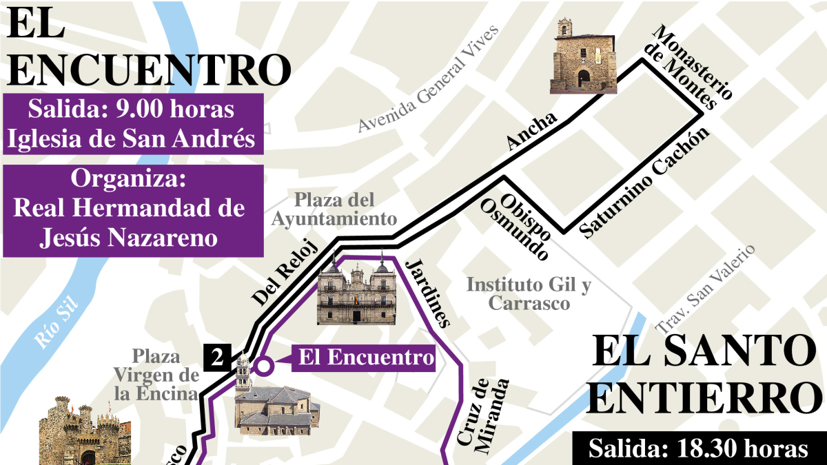 Recorrido de la procesión del Encuentro en Ponferrada.