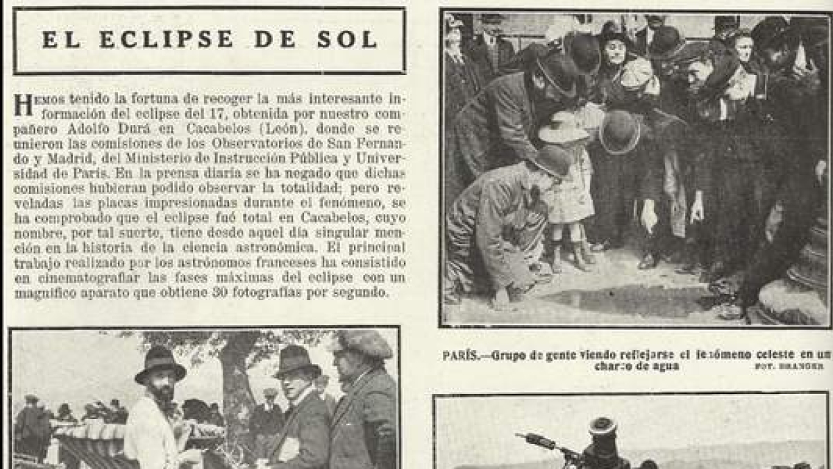 Detalle de una página de la revista gráfica 'Nuevo Mundo' con imágenes del desembarco de astrónomos en Cacabelos, el 17 de abril de 1912
