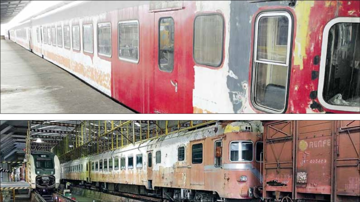 Dos imágenes del electrotrén; abajo, en una vía dentro de la base de mantenimiento ferroviario de La Sal.