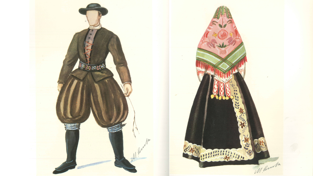 Traje de maragato y vestido de la maragata de espaldas, según Manuel Comba.
