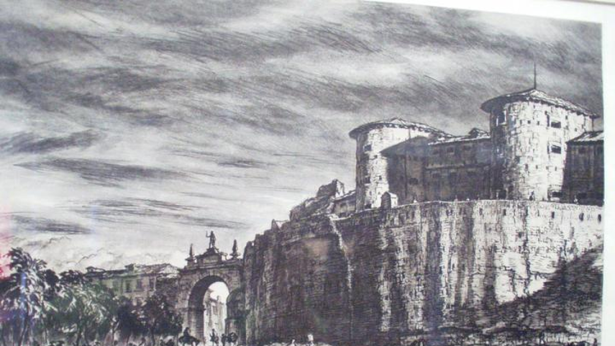 El castillo de León que ha sido cárcel, visto por Muirhead Bone en los años 30.