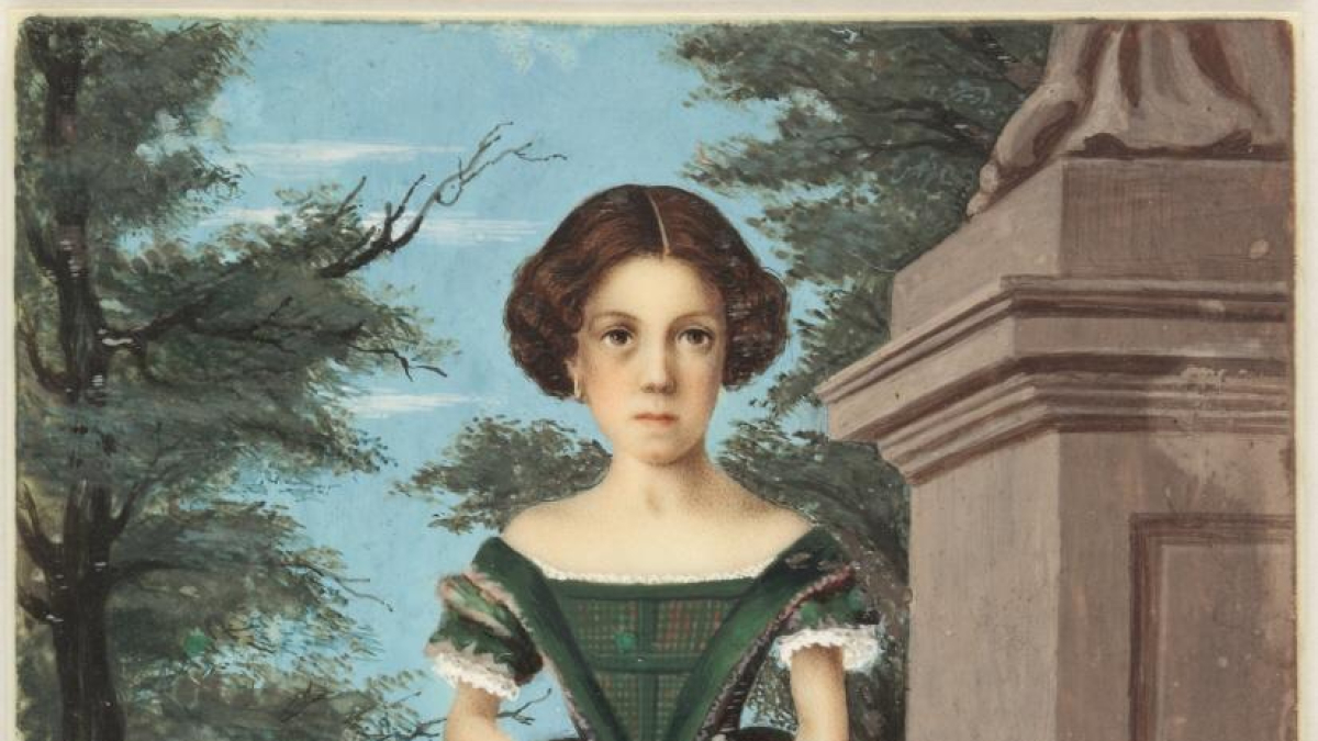 Miniatura rectangular con retrato de niña de cuerpo entero, sobre un fondo al aire libre. La miniatura está fechada en 1858 y firmada por R. Cendón, autor que no ha sido posible identificar. Obra entregada en calidad de depósito por la Comisaría General del Patrimonio Artístico Nacional el 18 de junio de 1943.