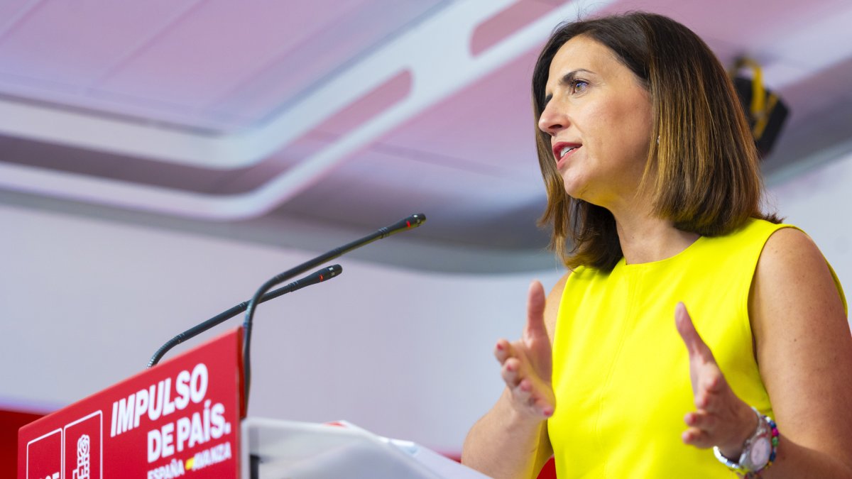 La portavoz del PSOE , Esther Peña, en una rueda de prensa en la sede nacional del partido en la calle Ferraz.