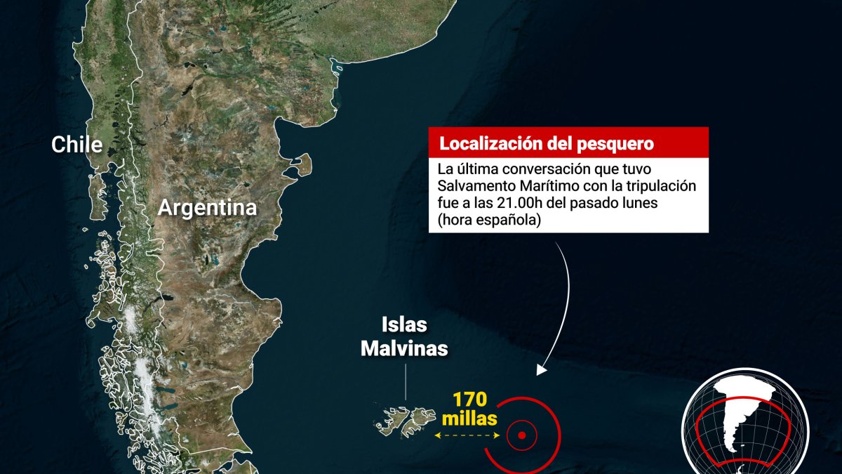 Infografía con localización del pesquero 'Arcos Georgia' naufragado en las proximidades de las islas Malvinas, donde han fallecido al menos seis personas y siete han desaparecido. Salvamento Marítimo detalló que la última conversación con el barco tuvo lu