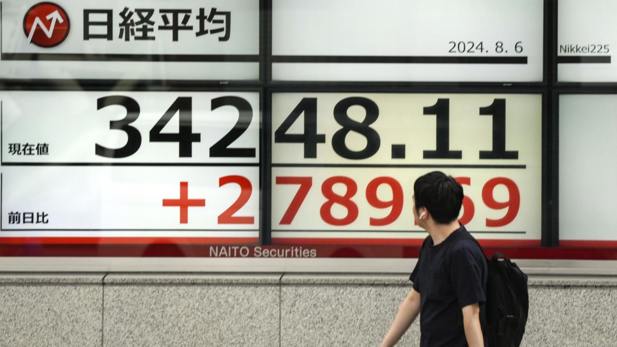 Tokyo (Japan), 06/08/2024.- A pedestrian walks past a display showing the Nikkei Stock Average in Tokyo, Japan, 06 August 2024. Tokyo's stock benchmark recorded its largest single-day gain in history, gaining over 3,200 points, after losing over 4,400 points on 05 August 2024, bigger than the 'Black Monday' historic loss in 1987. The Nikkei Stock Average surged 3,217.04 points, or 10.23 per cent, to close at 34,675.46 on 06 August 2024. (Japón, Tokio) EFE/EPA/KIMIMASA MAYAMA