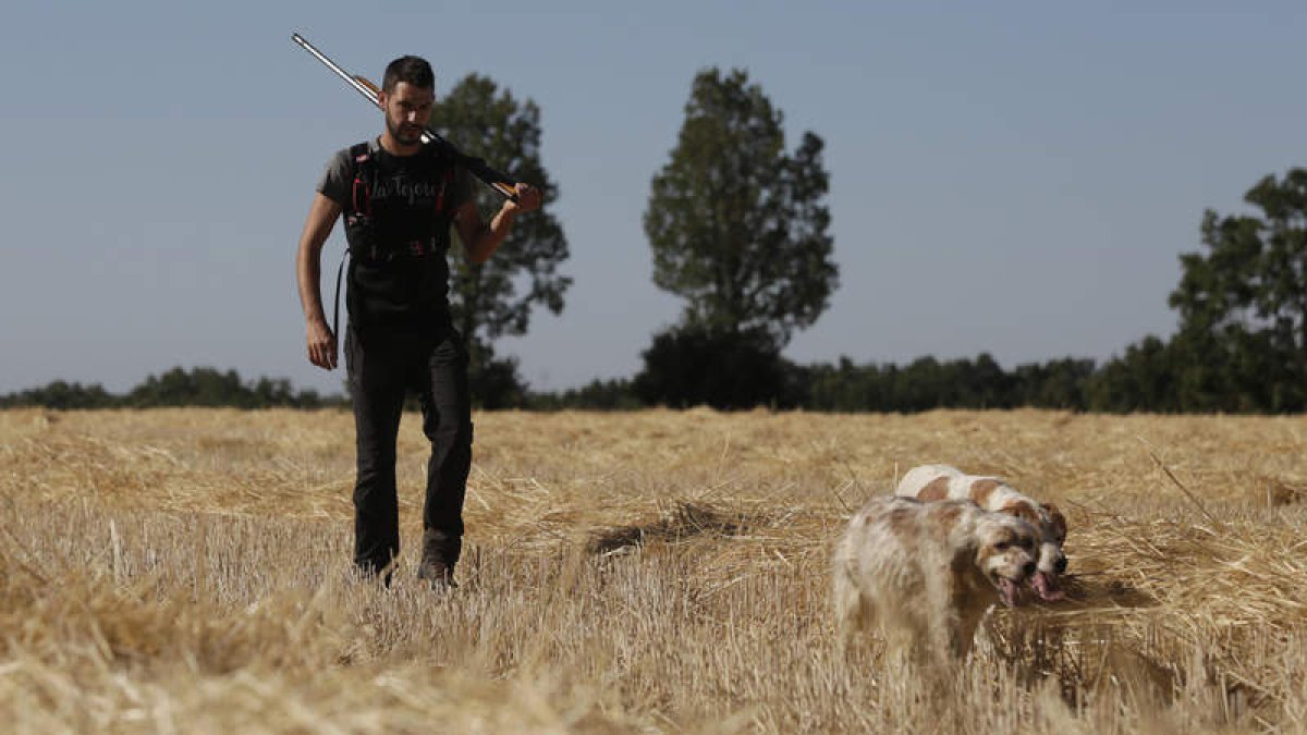Borja Llamazares con sus dos perros en una jornada de la media veda en la provincia.  FERNANDO OTERO