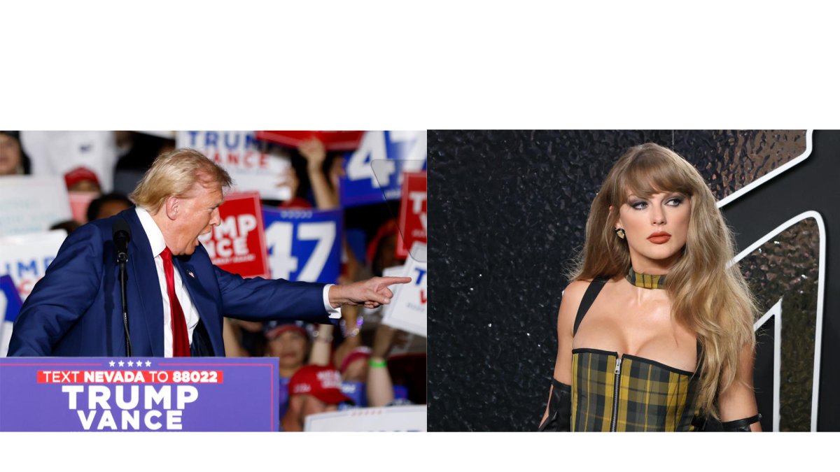 Combo de fotografías que muestra al candidato republicano Donald Trump (i) en un mitin de campaña en la Expo en el World Market Center en Las Vegas el pasado viernes y la cantante Taylor Swift. EFE/Bizuayehu Tesfaye y Octavio Guzmán