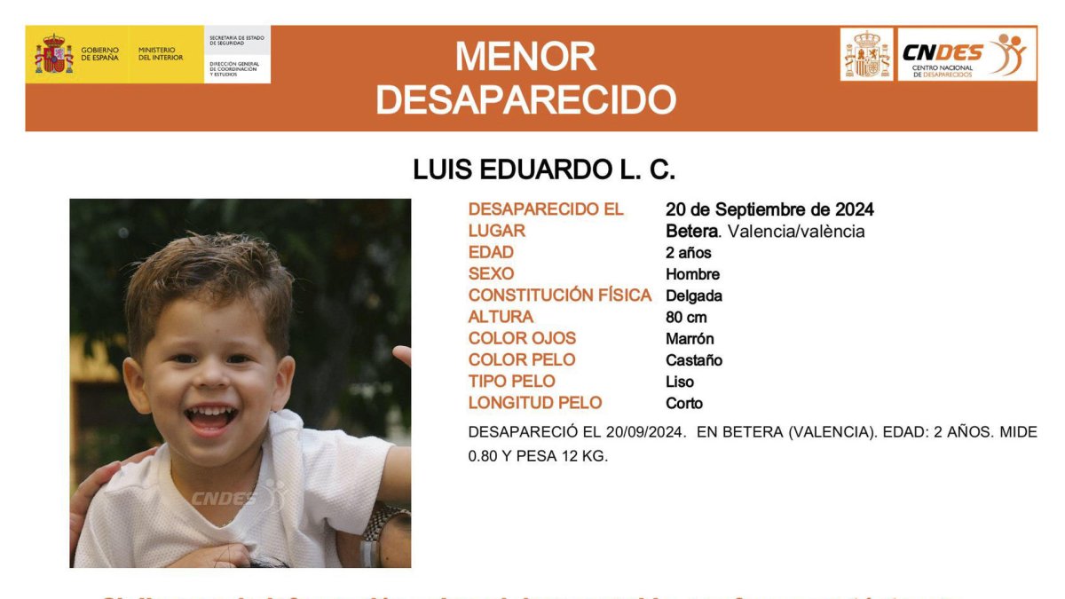 El niño de 2 años que figuraba como desaparecido en Bétera (Valencia) en el Centro Nacional de Desaparecidos del Ministerio del Interior. EFE/CNDES 