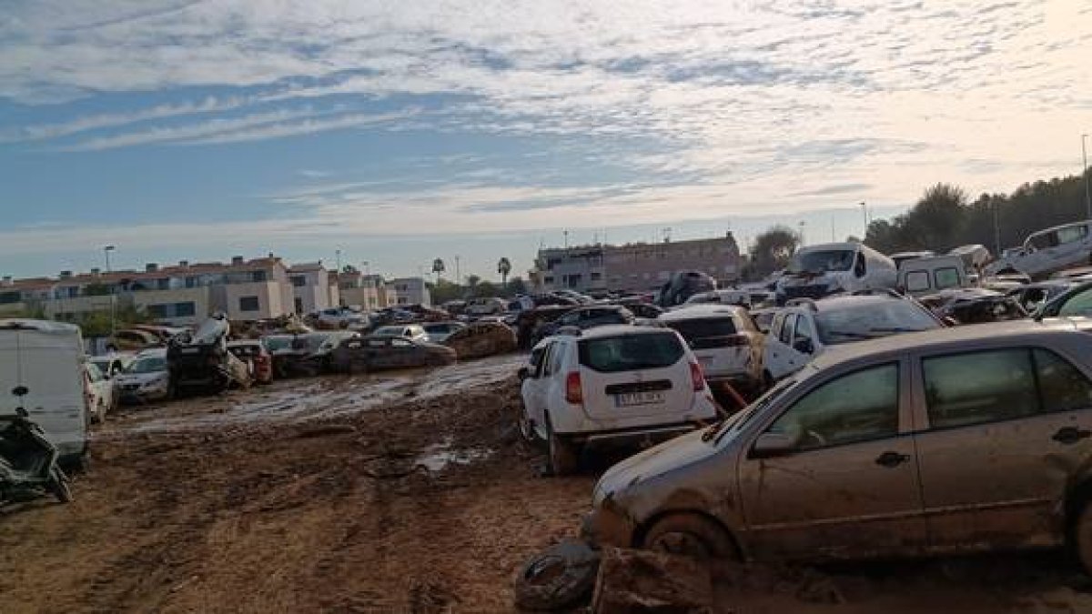 Vehículos amontonados en uno de los cementerios de coches que hay en los pueblos de la zona devastada por la dana en Valencia.