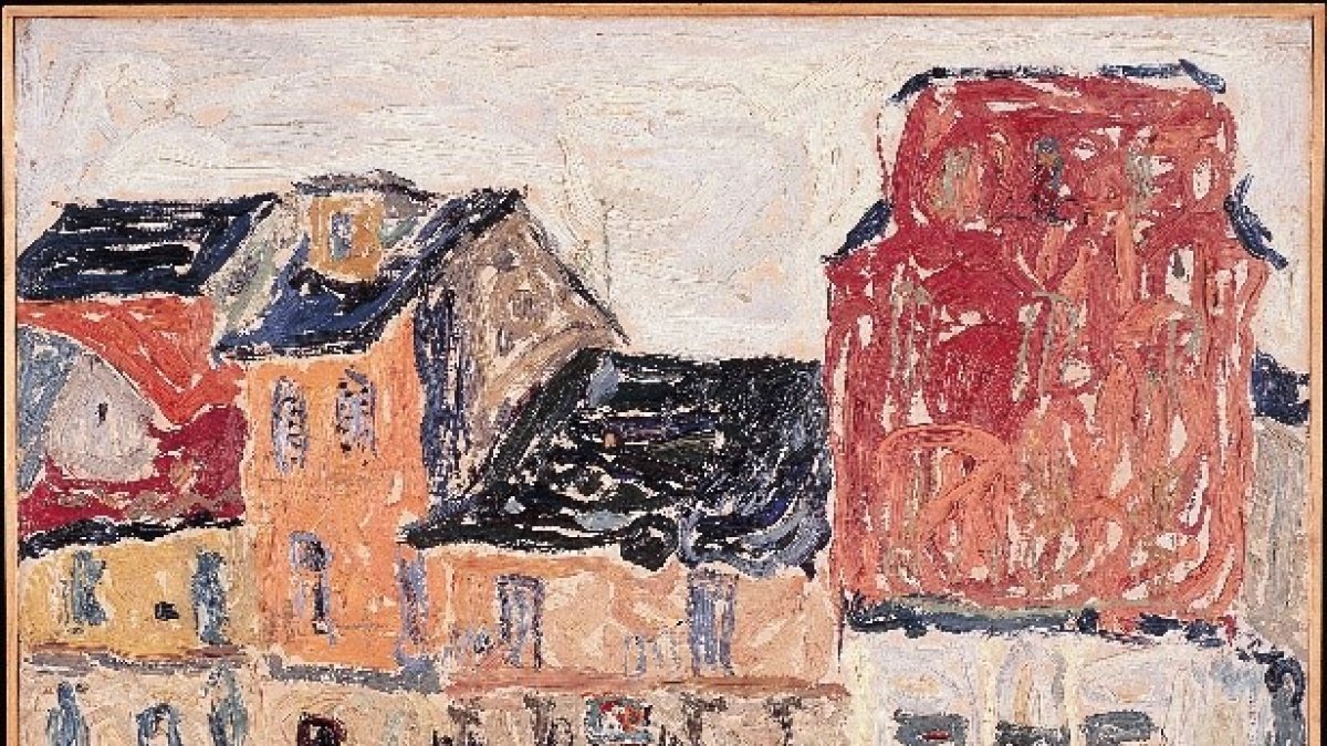 'Casa roja y plaza' La plaza Mayor de Bembibre, en una de los primeros óleos de Amable Arias.