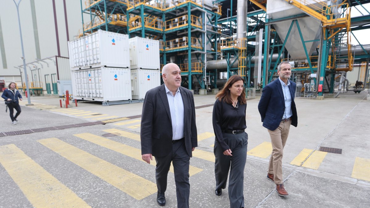 Javier Quiñones, Yasodhara López y Alberto Gómez Barea en la planta de la Ciuden en Cubillos.