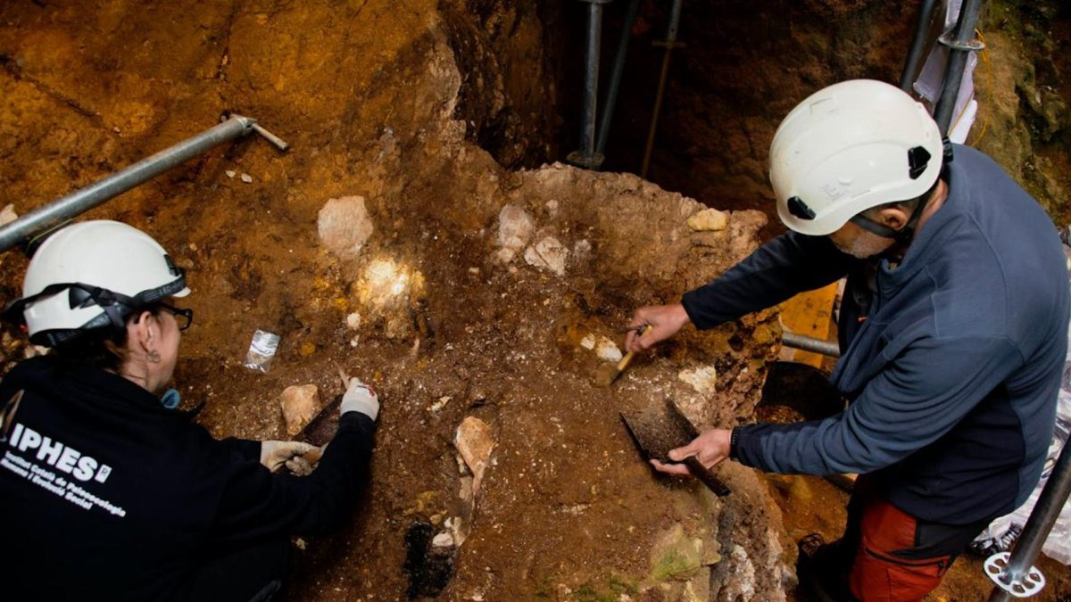 Trabajos de excavación arqueológica en el nivel TE7 de la Sima del Elefante (Sierra de Atapuerca, Burgos). Autoría: Maria D. Guillén / IPHES-CERCA.